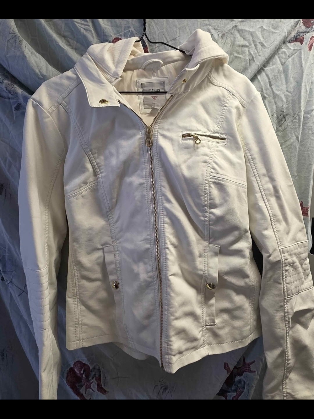 GUESS Cream Zip-Front Hooded Leather Jacket